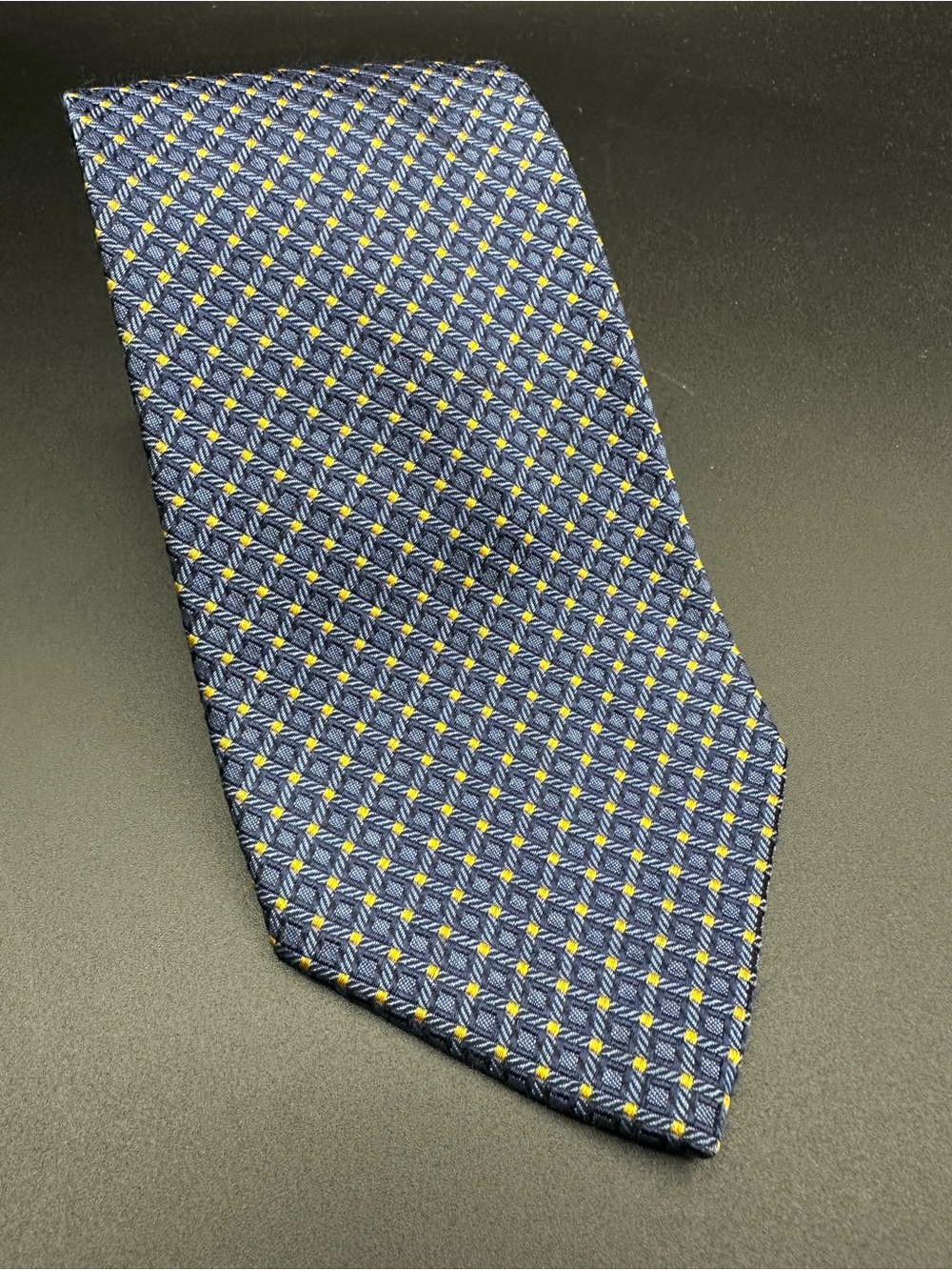 Brooks Brothers Makers Silk Tie Navy Blue Gold Dot Woven Jacquard Hand Made USA